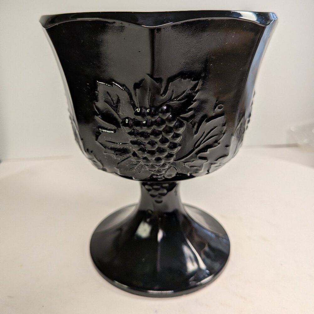 Vintage Black Amethyst Harvest Grape Compote Pedestal Fruit Bowl 6.5 tall